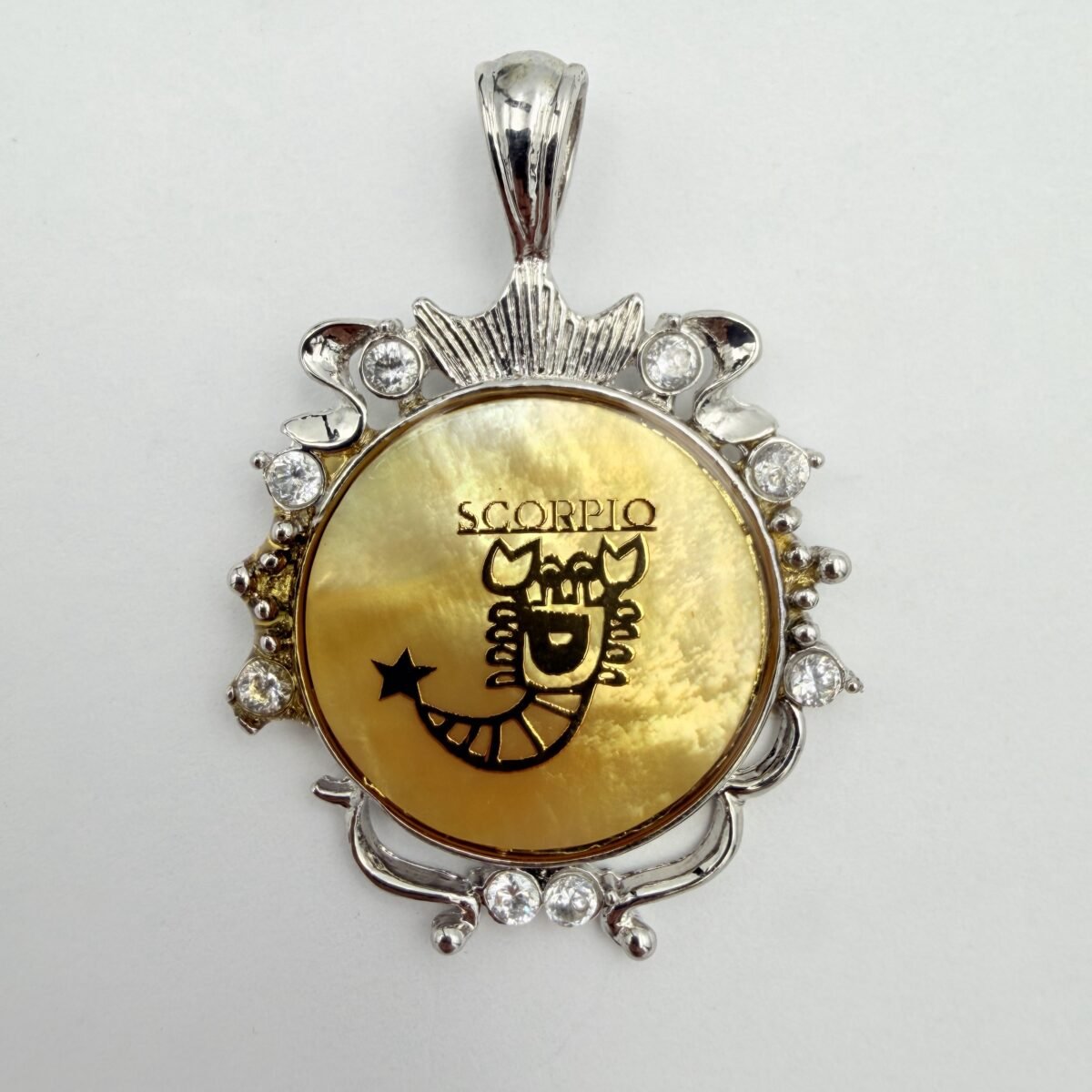Hand-Carved Yellow Shell Scorpio Zodiac Pendant – 925 Sterling Silver