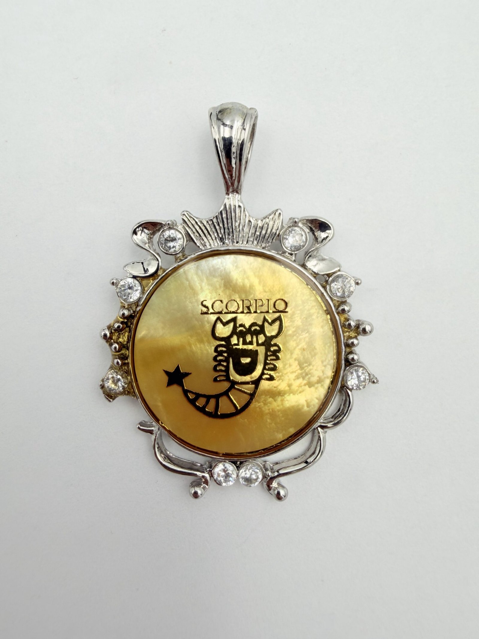 Hand-Carved Yellow Shell Scorpio Zodiac Pendant – 925 Sterling Silver