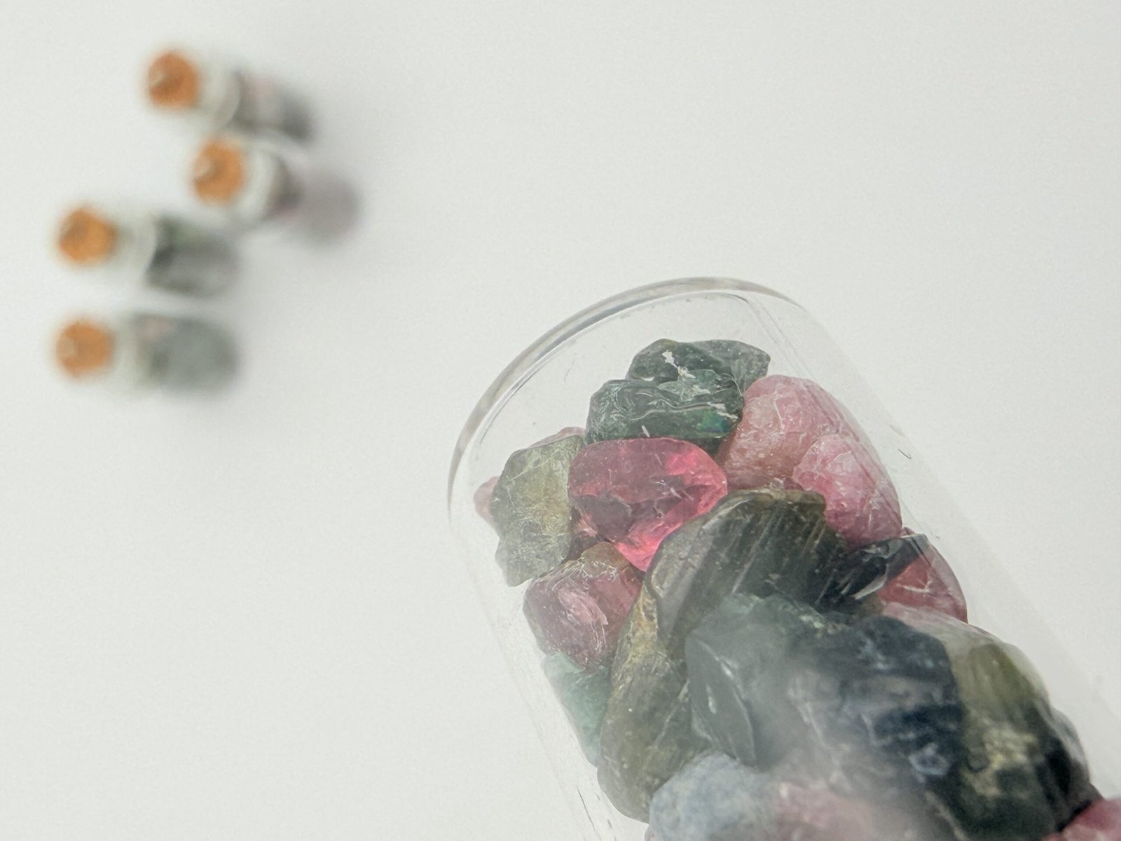 Watermelon Tourmaline Rough Stones in Decorative Glass Bottle – Natural Crystal Specimen - Image 2