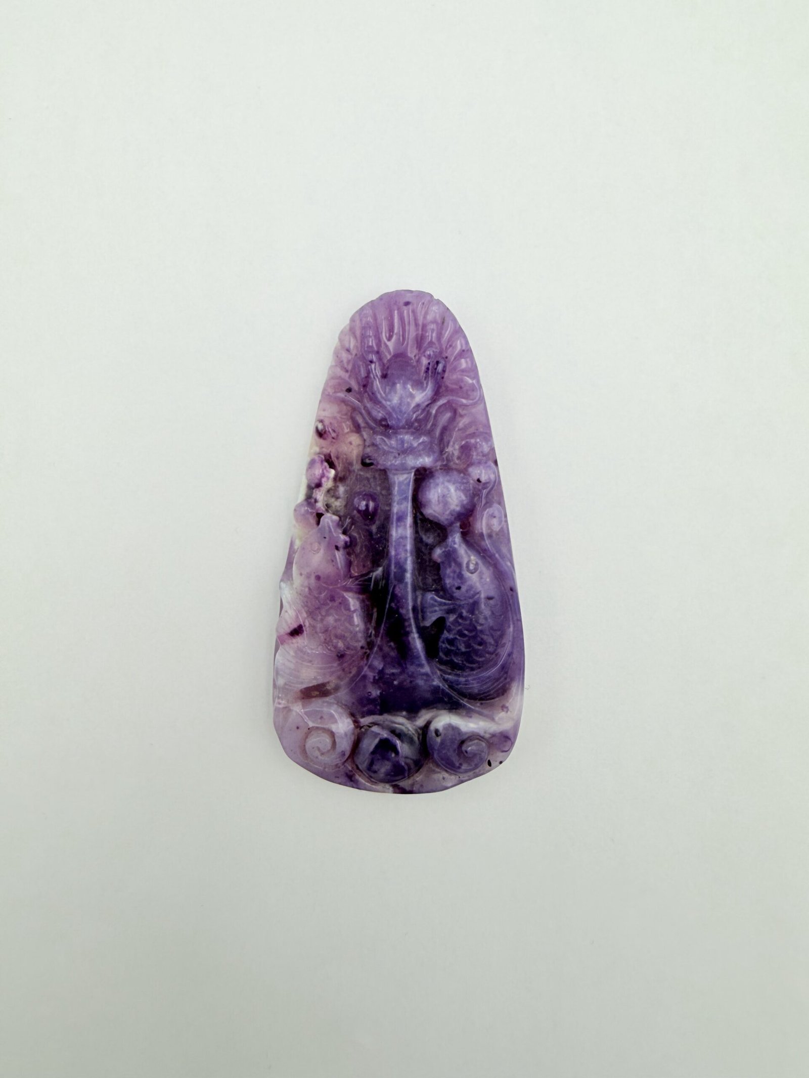 Hand-Carved Purple Opal Dragon & Twin Fish Pendant – Natural Polished Gemstone - Image 2