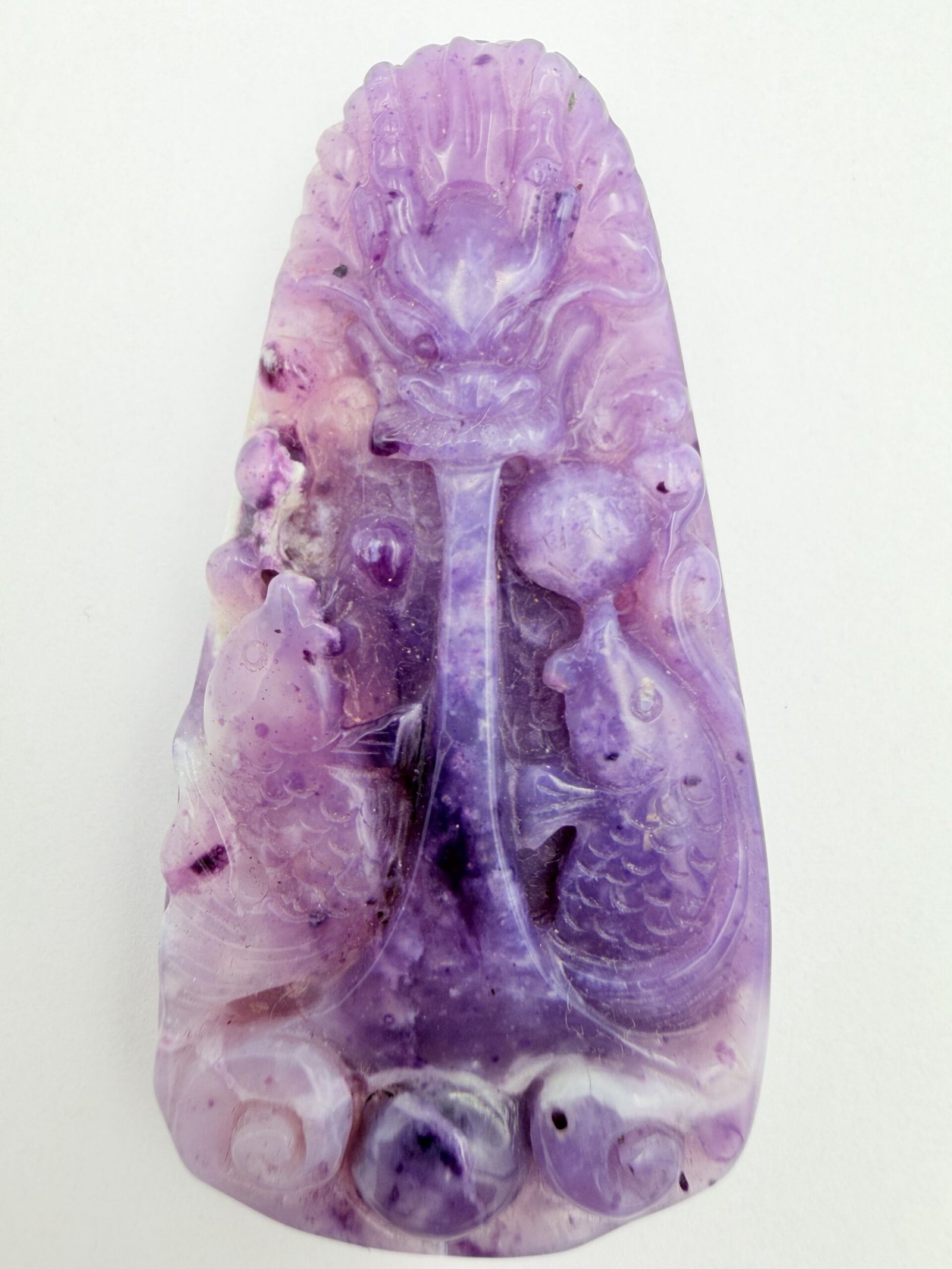 Hand-Carved Purple Opal Dragon & Twin Fish Pendant – Natural Polished Gemstone
